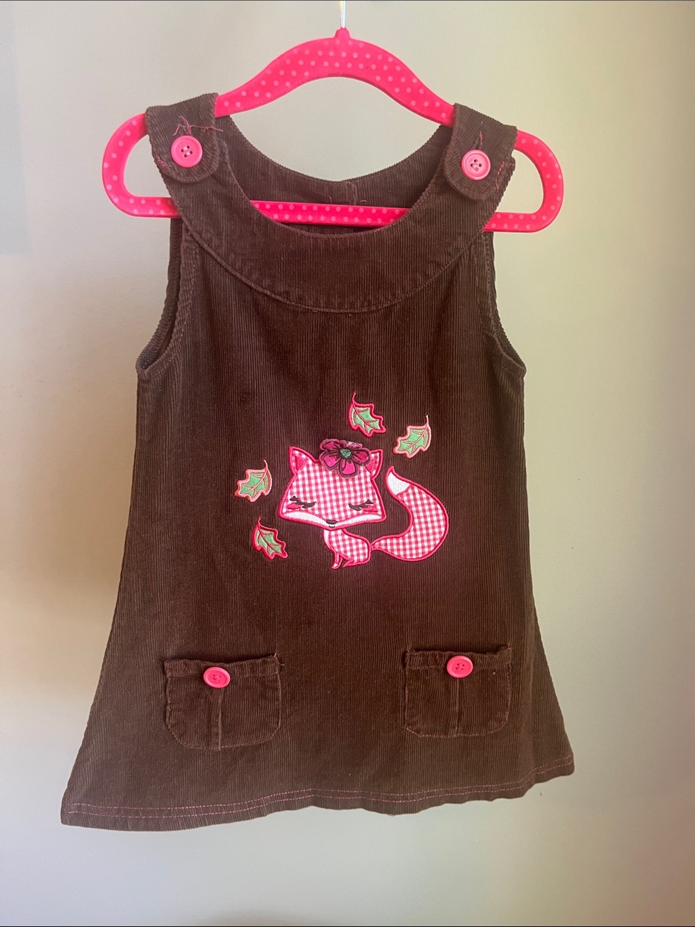 Brown Corduroy Dress with Pink Fox Applique